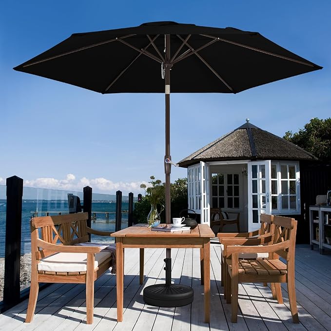 JEAREY 7.5FT Patio Umbrella Market Table Umbrella with 6 Sturdy Ribs, Push Button Tilt/Crank Outdoor Umbrella for Garden, Deck, Backyard, Pool and Beach,Black