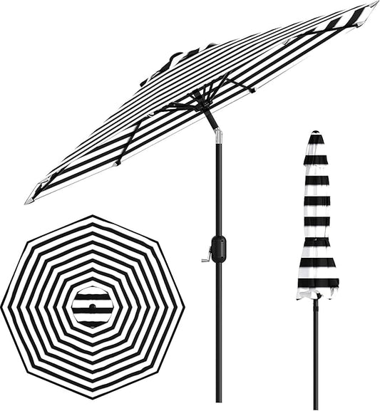 9FT Patio Umbrella Outdoor, Market Umbrella, Table Umbrella with Push Button Tilt and Crank, 8 Sturdy Ribs UV Protection Waterproof for Garden, Pool, Deck, Backyard (Black-and-white striped)