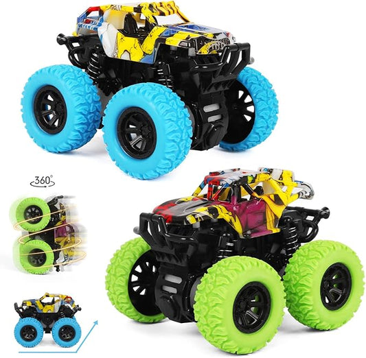 M SANMERSEN Monster Truck Toys for Ages 2-4, Friction Cars for Toddlers 1-3 Push and Go 360° Rotating Stunt Car for 2+ Year Old Boys Girls Gifts (2 Pack - Blue and Green)