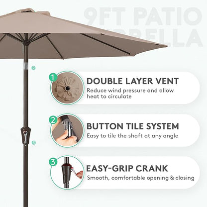 JEAREY 9FT Outdoor Patio Umbrella Outdoor Table Umbrella with Push Button Tilt and Crank, Market Umbrella 8 Sturdy Ribs UV Protection Waterproof for Garden, Deck, Backyard, Pool (Khaki)