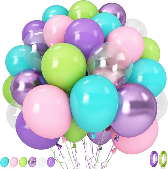 Monster Cartoon Inc Latex Balloons Set, Pack of 60 12 inch with Clear Balloons, Pink Purple Blue Green for Kid Monster Theme Birthday Baby Shower Party Decorations Supplies