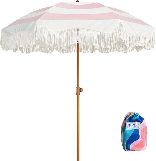 AMMSUN Boho Fringe Umbrella with Outdoor Blanket, 6.5ft UPF50+ Picnic Umbrella with Tassels with Steel Pole & Push Button Tilt, Pink Stripes
