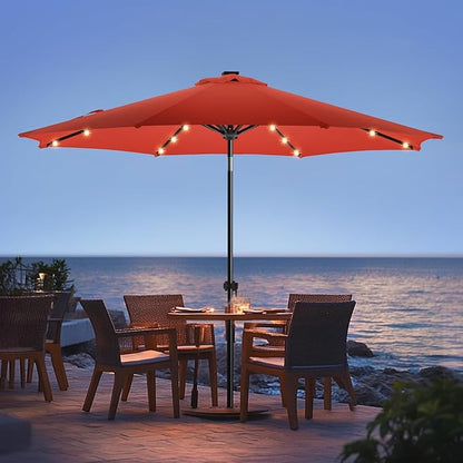 wikiwiki 10ft Solar Led Patio Umbrella, Sturdy Outdoor Market Umbrella for Deck, Pool, Garden w/Tilt, Crank, 32 LED Lights, Red