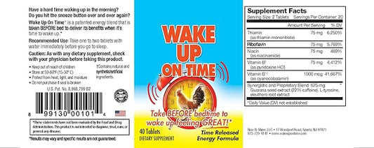 Wake Up On Time Energy Supplement to Help Boost Your Mornings with Alertness & Focus for a Productive Day with Natural Caffeine & More - 40 Tablets