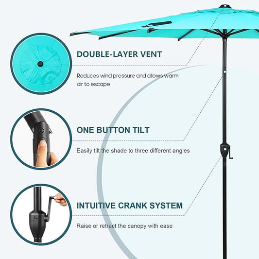 Abba Patio 9FT Lyon Outdoor Patio Umbrella Outdoor Table Umbrella with Push Button Tilt and Crank Market Umbrella 8 Sturdy Ribs UV Protection Waterproof for Garden Deck Backyard Pool Light Blue