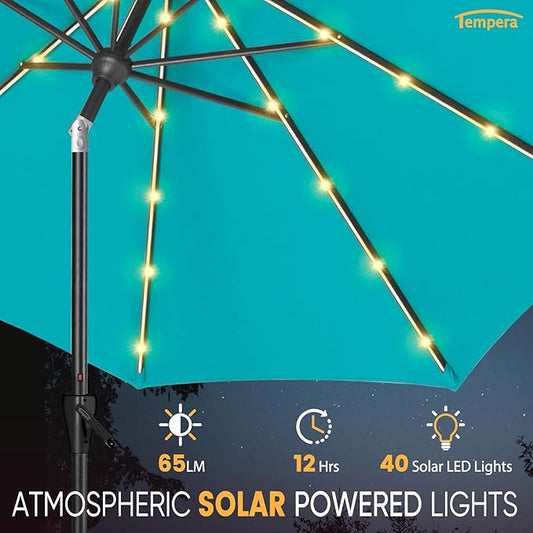 Tempera Solar Patio Umbrella 40 LED Lighted Outdoor Umbrella Table Market Umbrella with Push Button Tilt and Crank, Solar Umbrella with Sturdy Pole&Fade Resistant Canopy, Easy to Set