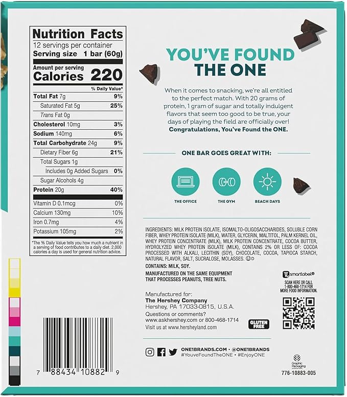 ONE Protein Bars, Chocolate Chip Cookie Dough, Gluten Free with 20g Protein and 1g Sugar, Pantry Staples, 2.12 oz (12 Count)