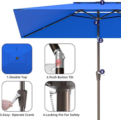 6.6x10ft Rectangular Patio Umbrella, 2 Tiers Outdoor Table Umbrellas with Push Button Tilt and Crank for Patio, Pool, Backyard, Deck, Picnic, Yard (Blue)
