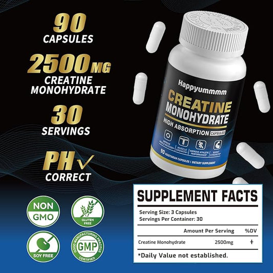 Creatine Monohydrate Capsules - Micronized Creatine Monohydrate, Creatine Pills - 3 Creatine Capsules per Serving, 2500mg, Gluten Free, 90 Capsules.