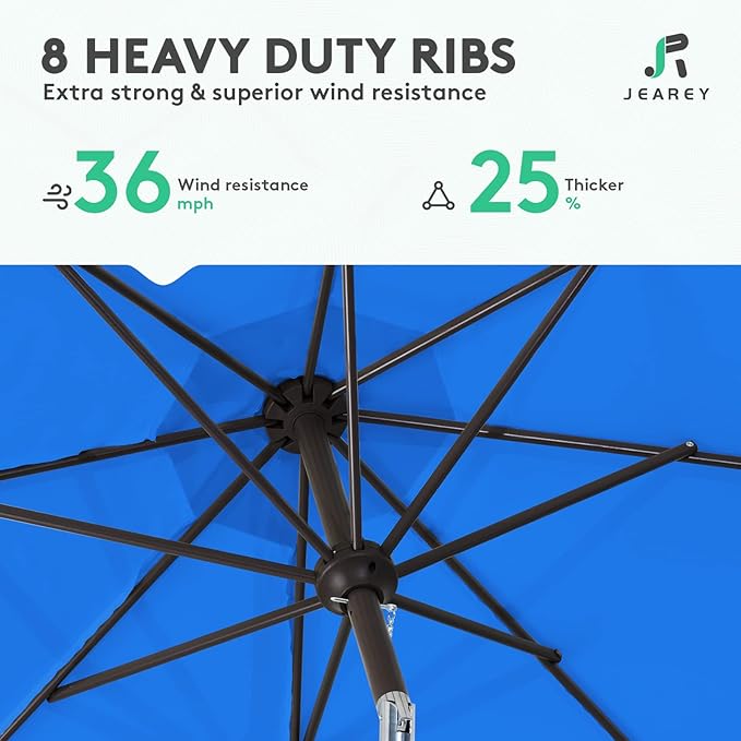 JEAREY 9FT Outdoor Patio Umbrella Outdoor Table Umbrella with Push Button Tilt and Crank, Market Umbrella 8 Sturdy Ribs UV Protection Waterproof for Garden, Deck, Backyard, Pool (Royal Blue)