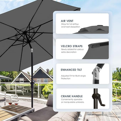 wikiwiki 9 FT Patio Umbrellas Outdoor Table Market Umbrella with Push Button Tilt/Crank, 8 Sturdy Ribs, Fade Resistant Waterproof POLYESTER DTY Canopy for Garden, Lawn, Backyard & Pool, Dark Gray