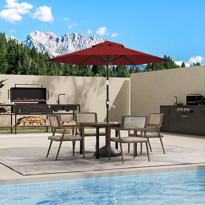 7.5FT Patio Umbrella Table Market Umbrella w/Tilt and Crank Heavy-Duty Round Outdoor Umbrellas for Garden, Deck, Backyard, Pool and Beach, Burgundy