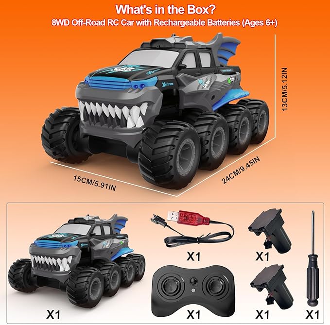 Amphibious Remote Control Car 8WD RC Monster Truck with 2 Rechargeable Batteries for Boys Age 8-12 Offroad Waterproof RC Pickup All Terrain RC Drift Cars Beach Pool Toys Gifts for Kids Blue