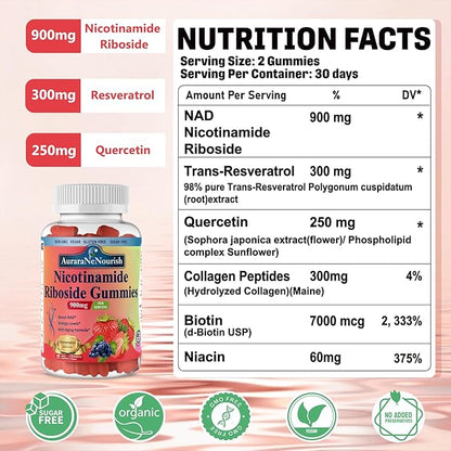 NAD Supplement Gummies Sugar-Free, NAD Nicotinamide Riboside Resveratrol 900mg w. Quercetin, Collagen Biotin & Vitamin, High Potency NAD Resveratrol Supplements for Anti Aging, Energy, Focus