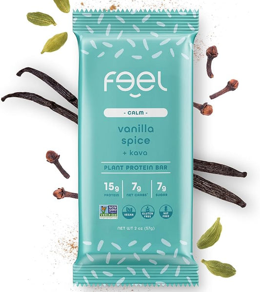 Feel Vegan Protein Bars | Vanilla Spice | Keto | Gluten Free | Organic | Kava | 15g Protein | Low Carb | Dairy Free | Grain Free | Soy Free | Nut Free | Low Sugar | Non GMO - 10 Pack
