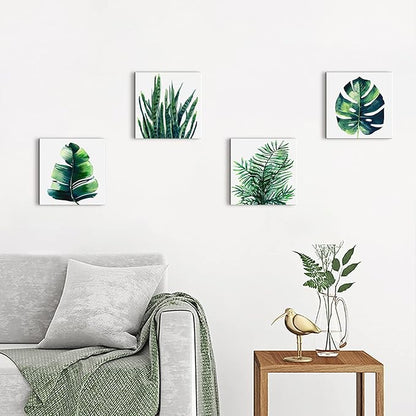 Nature Wall Art Green Plant Wall Decor Tropical Botanical Leaves Pictures Canvas Prints Bedroom Minimalist Boho Sage Monstera Leaf Painting Artwork for Bathroom Living Room Home Decorations 8x8” 4 Pcs