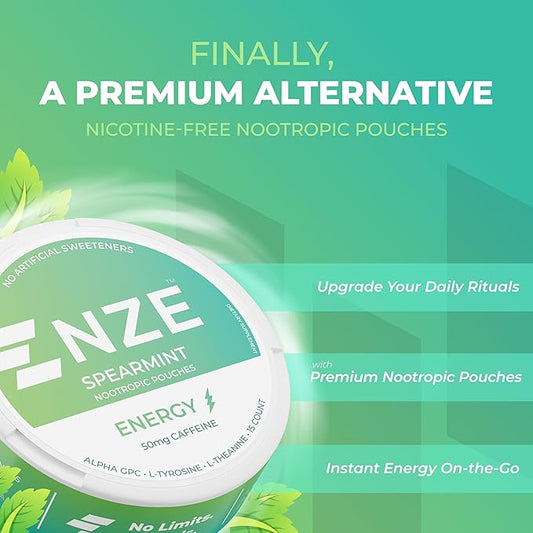 NZE Caffeine Nootropic Pouches (Spearmint) - Nootropic Energy Pouches with 50mg Caffeine, Alpha GPC, L-Tyrosine & L-Theanine with No Sugar or Artificial Sweeteners - 15 Nicotine Free Pouches Per Can