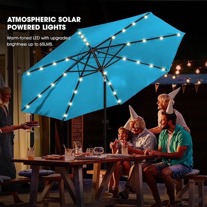wikiwiki 9ft Solar Led Patio Umbrella, Sturdy Outdoor Market Umbrella for Deck, Pool, Garden w/Tilt, Crank, 32 LED Lights, Sky Blue