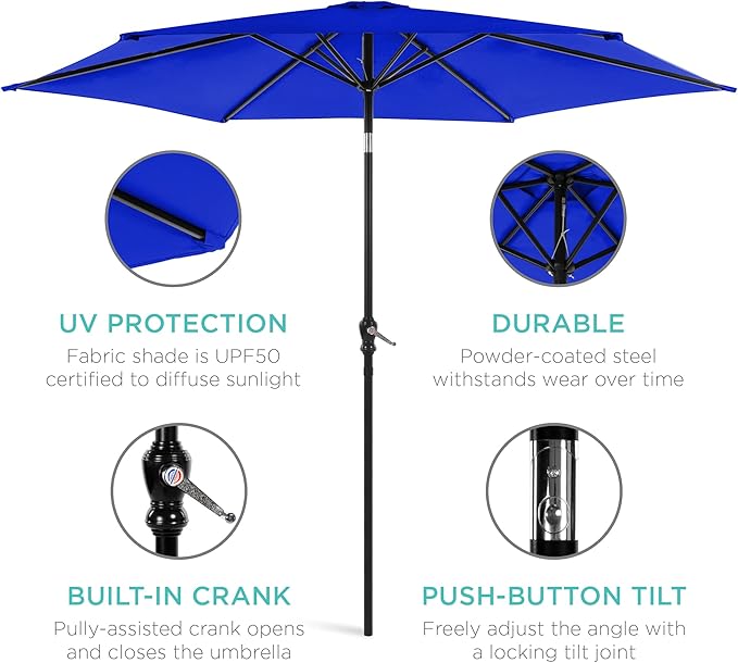 Best Choice Products 10ft Outdoor Steel Polyester Market Patio Umbrella w/Crank, Easy Push Button, Tilt, Table Compatible - Resort Blue