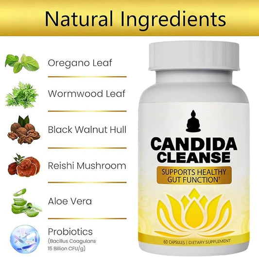Candida Cleanse, Gut & Colon Cleanse for Women & Men, Supports Healthy Gut and Colon Function, Pure Natural Formula - Oregano Leaf, Wormwood Leaf, Black Walnut Hull, Reishi Mushroom, Aloe Vera