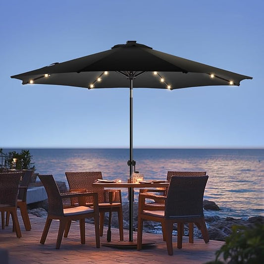 wikiwiki 9ft Solar Led Patio Umbrella, Sturdy Outdoor Market Umbrella for Deck, Pool, Garden w/Tilt, Crank, 32 LED Lights, Black