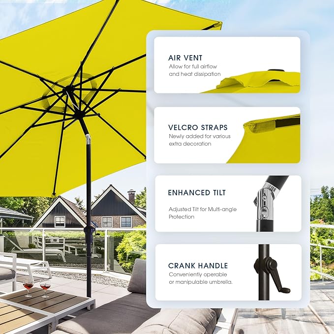wikiwiki 9 FT Patio Umbrellas Outdoor Table Market Umbrella with Push Button Tilt/Crank, 8 Sturdy Ribs, Fade Resistant Waterproof POLYESTER DTY Canopy for Garden, Lawn, Deck, Backyard & Pool, Yellow