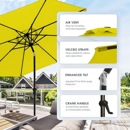 wikiwiki 9 FT Patio Umbrellas Outdoor Table Market Umbrella with Push Button Tilt/Crank, 8 Sturdy Ribs, Fade Resistant Waterproof POLYESTER DTY Canopy for Garden, Lawn, Deck, Backyard & Pool, Yellow