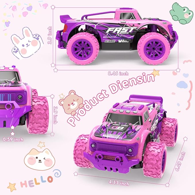 Remote Control Car for Girls: 1:20 Scale Pink Purple Rc Truck with LED Light and DIY Windmills - 20Km/h All Terrain Fast RC Cars, 2.4GHz Monster Truck Toys for Kids Gift
