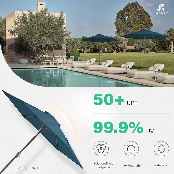 JEAREY 7.5FT Patio Umbrellas Outdoor Umbrella Table Market Umbrella with 6 Ribs,Tilt Button for Pool Deck Backyard Garden,Lake Blue