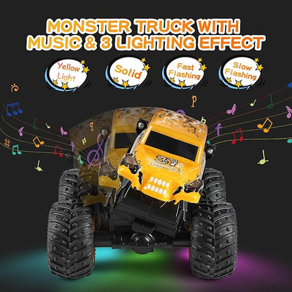DYODYORC Remote Control Car, 2.4Ghz All Terrain Monster Truck Toys, RC Truck with Music, 3 Lighting Effects, 360 Stunt Capable, All Included Ready to Run, Toy Gifts for Boys and Girls (Yellow)