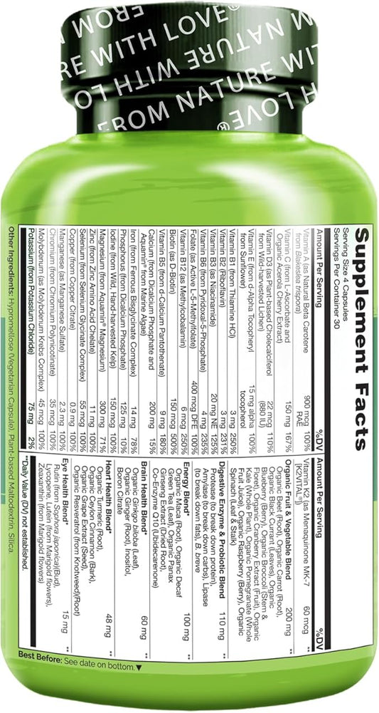 NATURELO Whole Food Multivitamin for Women - with Vitamins, Minerals, & Organic Extracts - Supplement for Energy and Heart Health - Vegan - Non GMO - 120 Capsules