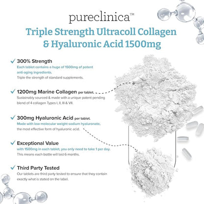 pureclinica UltraColl Collagen & Hyaluronic Acid 1500mg x 360 Tablets (2 Bottles of 180) - 1 Years Supply