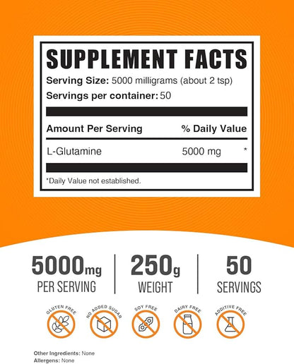 BulkSupplements.com L-Glutamine Powder - Glutamine Supplement, L-Glutamine 5000mg, L Glutamine Powder - Unflavored & Gluten Free, 5000mg per Serving, 250g (8.8 oz) (Pack of 1)