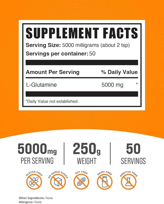 BulkSupplements.com L-Glutamine Powder - Glutamine Supplement, L-Glutamine 5000mg, L Glutamine Powder - Unflavored & Gluten Free, 5000mg per Serving, 250g (8.8 oz) (Pack of 1)
