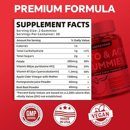 Keto ACV Gummies 1500MG – Premium Apple Cider Vinegar Formula with Pomegranate, Beet Juice, Vitamin B12 B6 – Vegetarian Friendly 180 Gummys