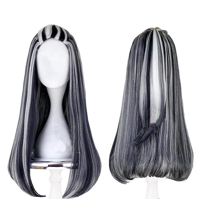 Monster Frankie Stein Wig High School Frankie Stein Cosplay Black And White Wig with Ponytail Long Straight Heat Resistant Costume Wig