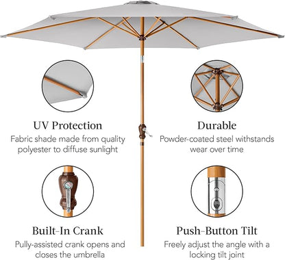 Best Choice Products 10ft Market Umbrella, Outdoor Sun Shade for Backyard, Deck, Poolside, Table w/Woodgrain Pattern, Easy Tilt & Crank - Fog Gray