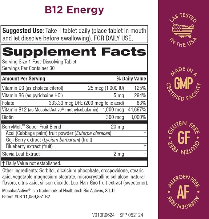 Purity Products B-12 Energy Berry Lemonade Melt w/Super Fruits Methylcobalamin B12 - Vitamins B6, D3, Folic Acid and Biotin - High Absorption MecobalActive B 12-30 Melting Tablets
