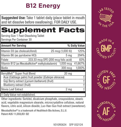 Purity Products B-12 Energy Berry Lemonade Melt w/Super Fruits Methylcobalamin B12 - Vitamins B6, D3, Folic Acid and Biotin - High Absorption MecobalActive B 12-30 Melting Tablets