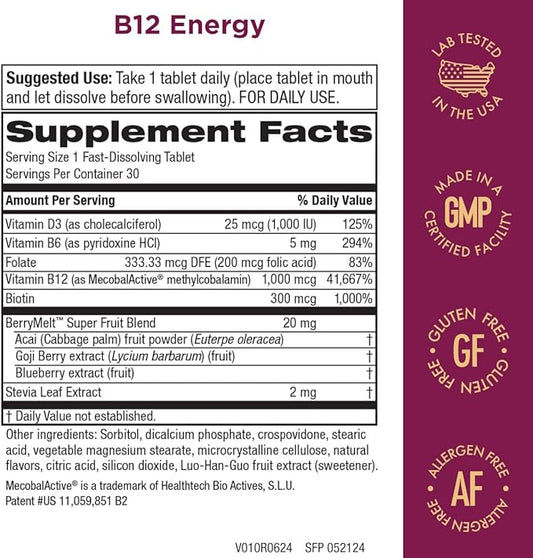 Purity Products B-12 Energy Berry Lemonade Melt w/Super Fruits Methylcobalamin B12 - Vitamins B6, D3, Folic Acid and Biotin - High Absorption MecobalActive B 12-30 Melting Tablets