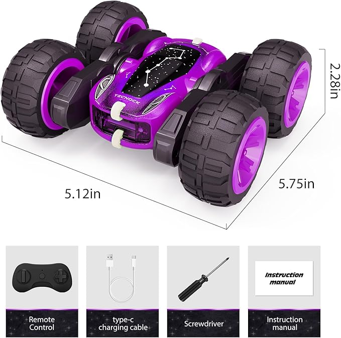 Tecnock Remote Control Car for Kids, 2.4GHz RC Car with USB-C Easy Charging, 4WD Double Sided 360° Rotates and Flips RC Stunt Car, Toys Gift for Boys and Girls