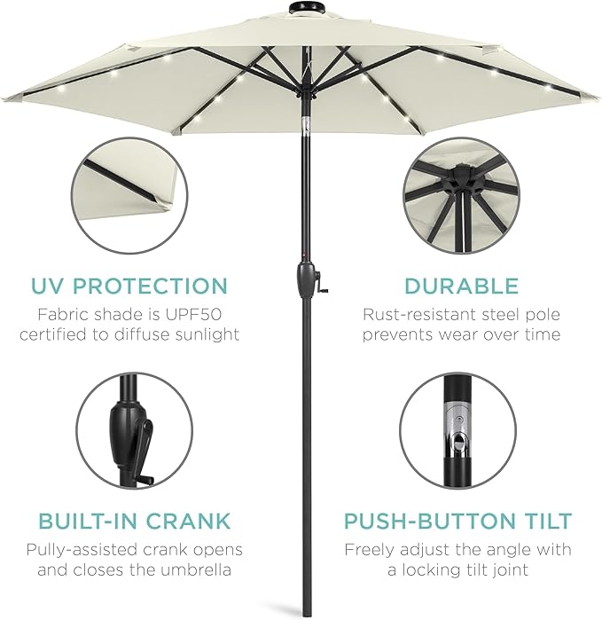 Best Choice Products 7.5ft Outdoor Solar Market Table Patio Umbrella for Deck, Pool w/Tilt, Crank, LED Lights - Ivory