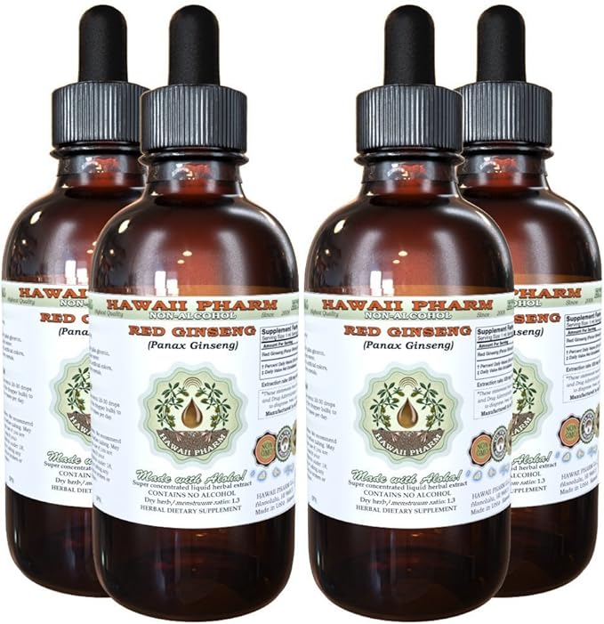 Red Ginseng Alcohol-Free Liquid Extract, Organic Red Ginseng (Panax Ginseng) Dried Root Glycerite Natural Herbal Supplement, Hawaii Pharm, USA 4x4 fl.oz