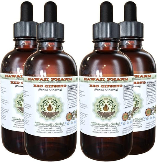 Red Ginseng Alcohol-Free Liquid Extract, Organic Red Ginseng (Panax Ginseng) Dried Root Glycerite Natural Herbal Supplement, Hawaii Pharm, USA 4x4 fl.oz