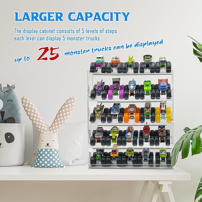 AAiphuwew Acrylic Monster Trucks Display Case - Holds Up to 25 Car Collectibles, Clear 5 Tiers Toy Truck Cars Display Storage Organizer Tire Shelf