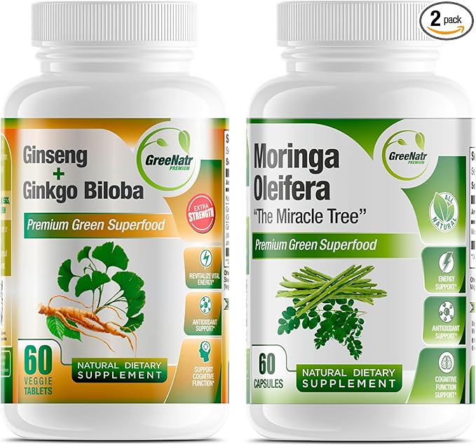 Ginkgo Biloba, Panax Ginseng Supplement and Moringa Capsules Bundle - Ginkgo Biloba Supplements for Immune Support and Energy Boost - Moringa Supplement for Concentration and Good Memory