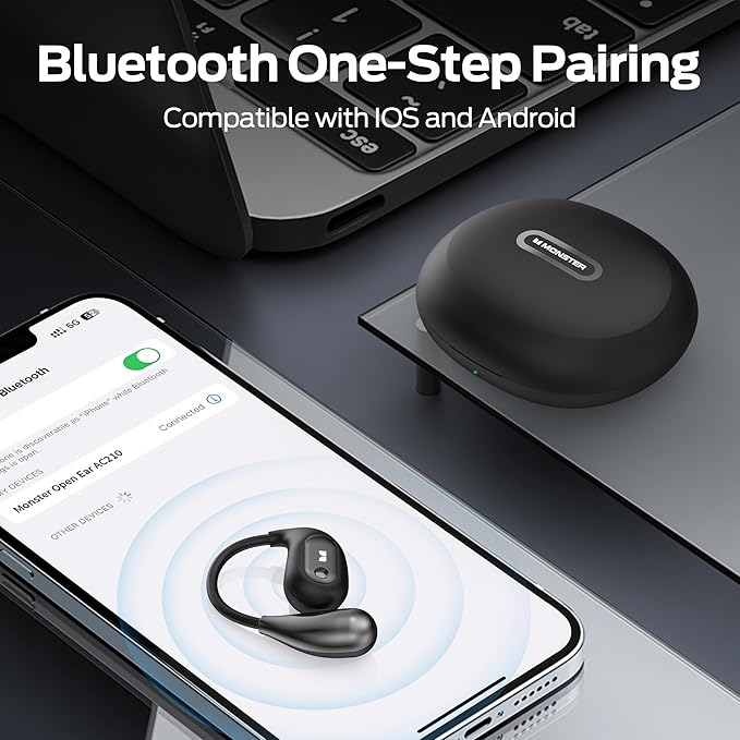 Monster Open Ear AC210 Headphones, Bluetooth 5.4 Earphones Stereo Sound, Wireless Headphones 30 Hours Playback, Type-C Charging, HD Clear Calls, Touch Control, IPX6 Waterproof Open Ear Earbuds,Back
