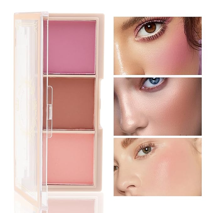 Boobeen 3 Color Blush Palette, Matte Pink Blusher, Smooth