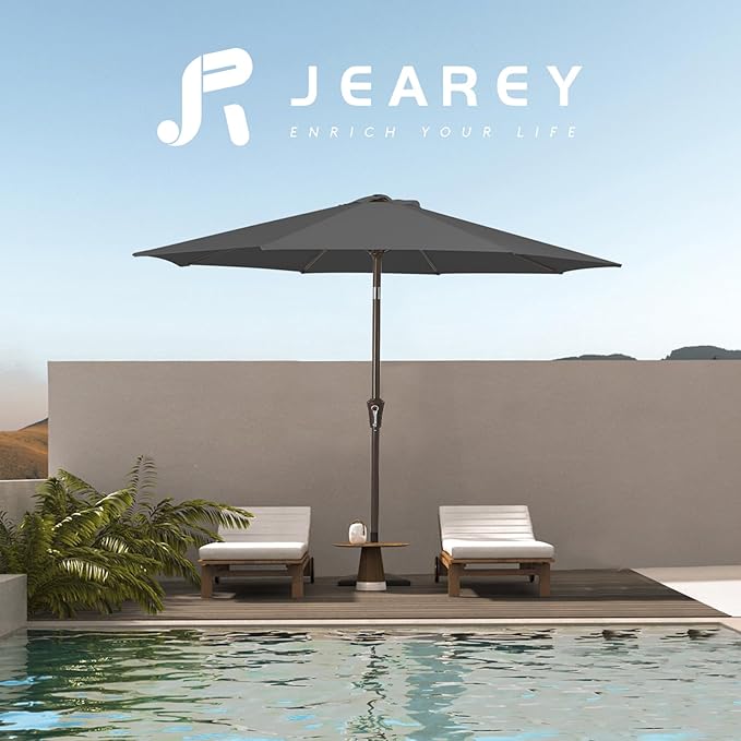 JEAREY 10FT Outdoor Patio Umbrella Outdoor Table Umbrella with Push Button Tilt and Crank, Market Umbrella 8 Sturdy Ribs UV Protection Waterproof for Pool, Garden (Dark Gray)