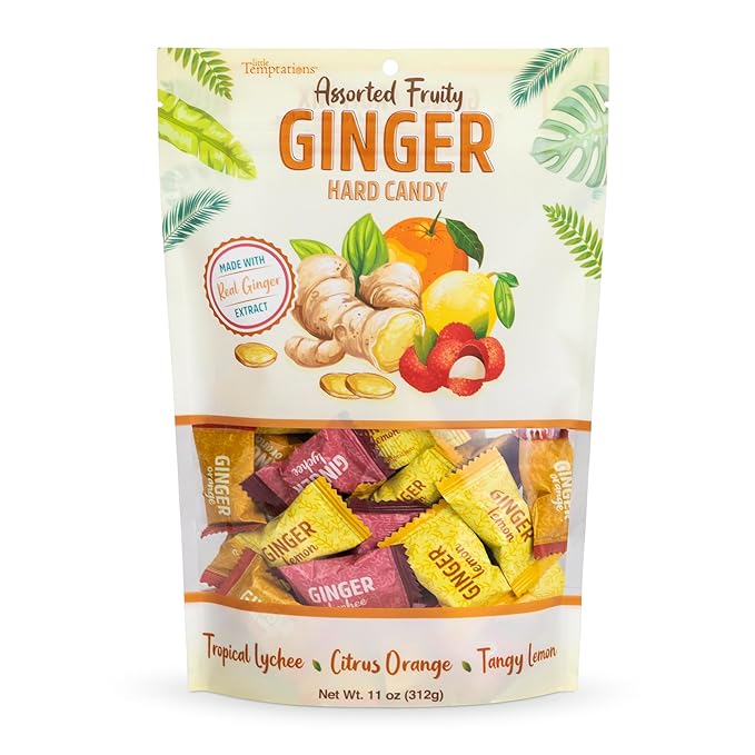 Ginger Hard Candy, Assorted Fruit Flavors 11 oz bag, Individually Wrapped Healthy Candy, The Sweet and Spicy Natural Remedy for Anti-Nausea and Digestion, Made with Real Ginger Extract